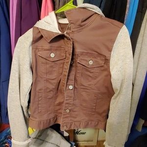 Denim jacket with sweatshirt sleeves